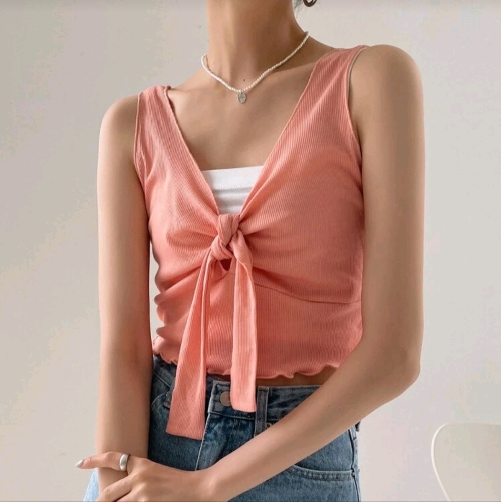 Pink Tie Front Lettuce Edge Tank Top (size 4)